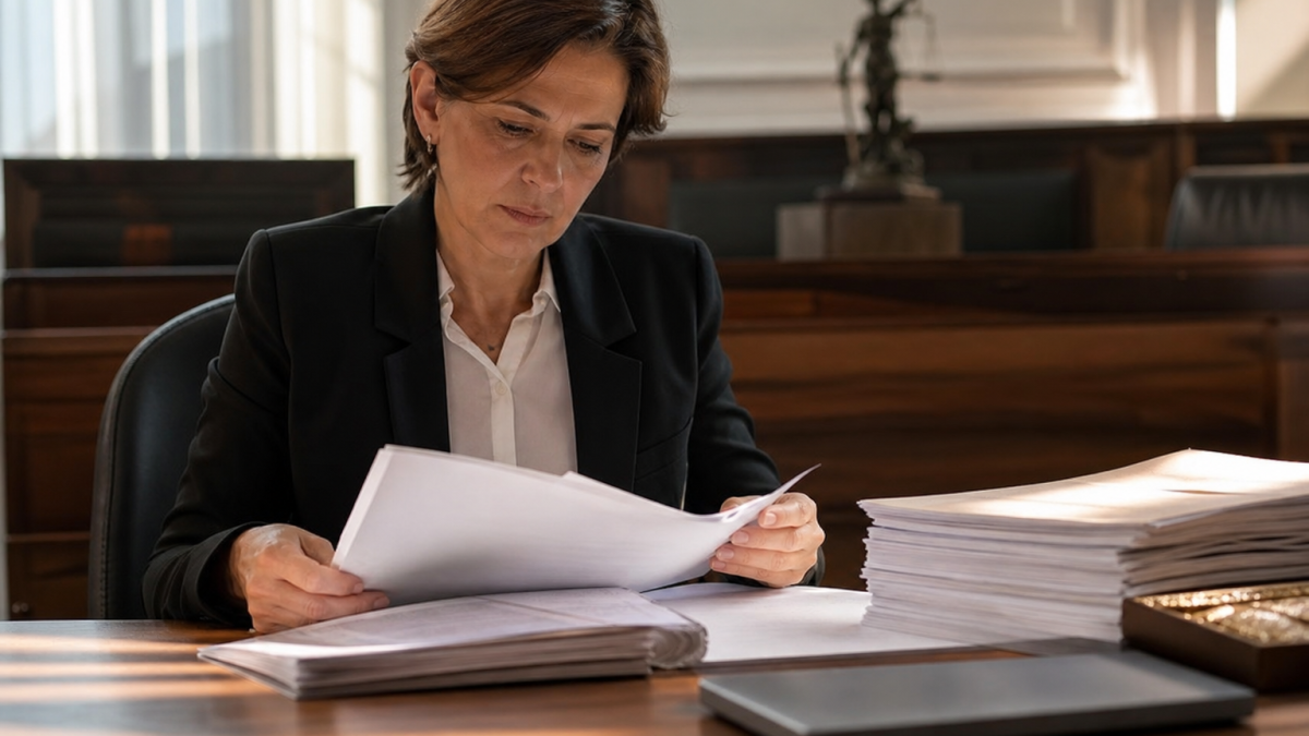 Pessoa analisando documentos relacionados ao acesso à Justiça em ambiente de trabalho