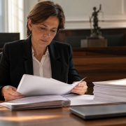 Pessoa analisando documentos relacionados ao acesso à Justiça em ambiente de trabalho