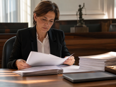 Pessoa analisando documentos relacionados ao acesso à Justiça em ambiente de trabalho