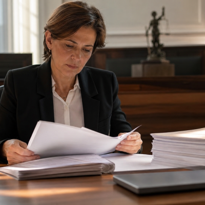Pessoa analisando documentos relacionados ao acesso à Justiça em ambiente de trabalho