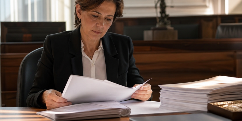 Pessoa analisando documentos relacionados ao acesso à Justiça em ambiente de trabalho